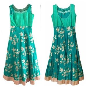Anarkali XL Beaded Long Teal Gold Party Dress Gown